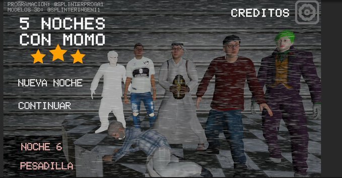 En muy poco tiempo se viene el primer juego de los Splinters:

5 NOCHES CON MOMO

Hecho por <a href="/SplinterProgra1/">Splinter Programador</a> y @SplinterIngeni1