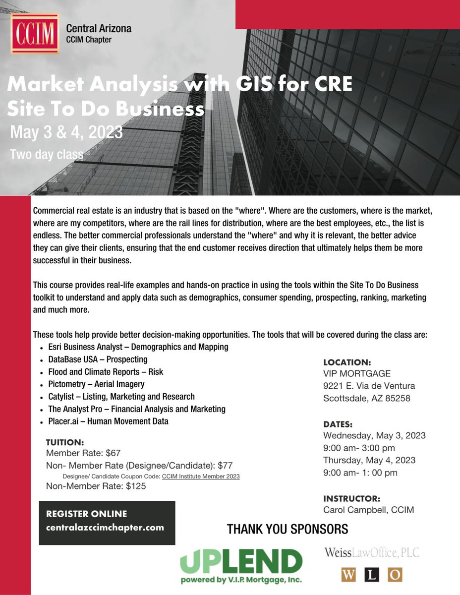 stdbanalytics14's tweet photo. Curious about Site To Do Business' many commercial real estate data capabilities?

Join CCIM Technologies/STDB's Vice President and the Central Arizona CCIM Chapter for a two-day class with real-life examples and hands-on practice.

More here: https://t.co/ofc5PviI36 

#CCIMTech https://t.co/9QW77B0Yml