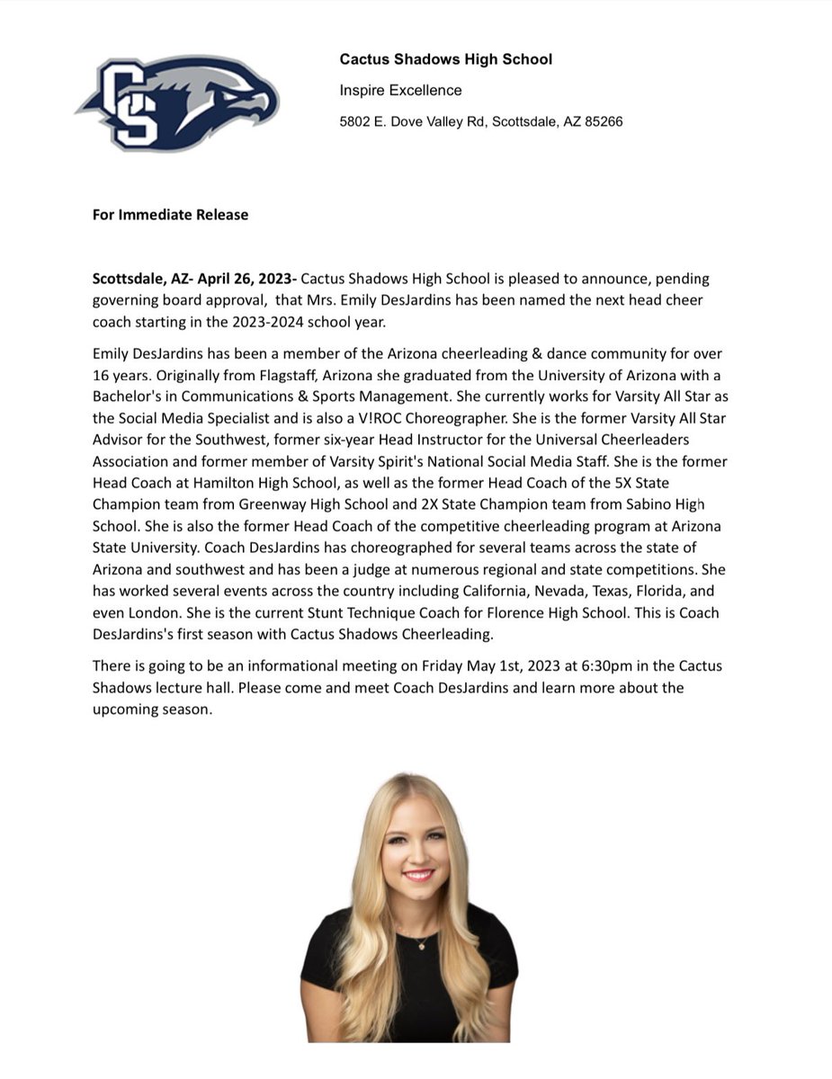 CSHSAthletics1's tweet photo. Pending governing board approval, we would like to welcome Emily DesJardins to the “Nest”! Coach DesJardin will be leading our cheer program! #FalconAwesome @CSHS_Falcons @CSHS_FalconsXC @BasketballCSHS @CactusShadowsFB @cshssoftballaz @CaveCreekUSD93 @CS_Cheerleading https://t.co/l3lh1gVoCd