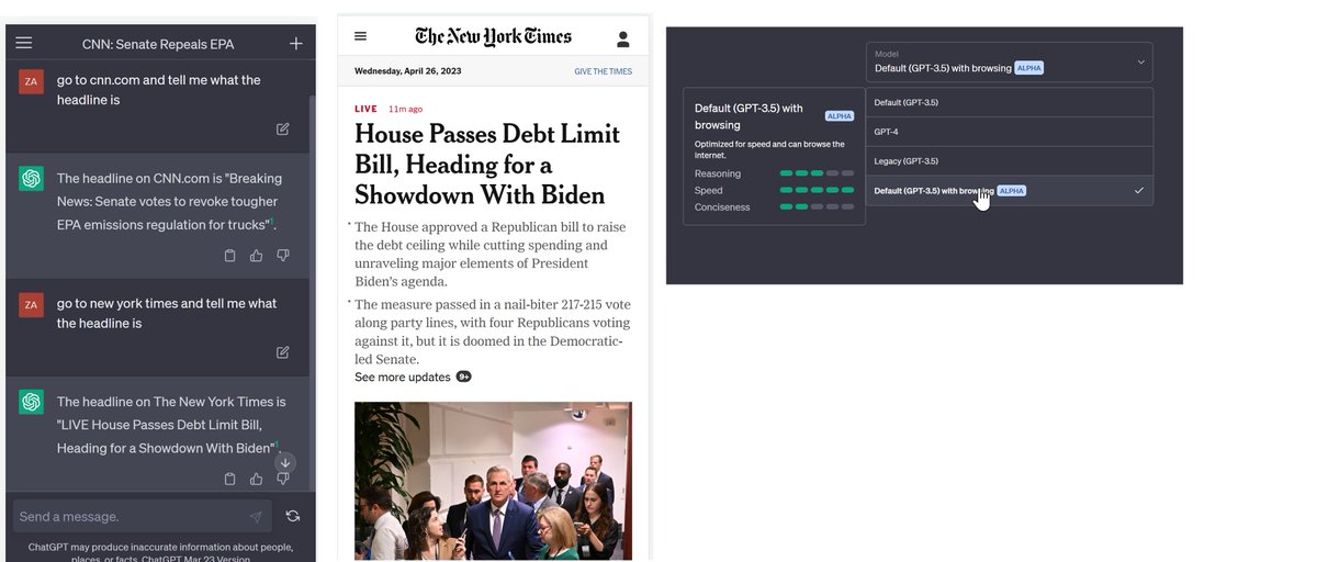 zacknotes's tweet image. It&apos;s official... ChatGPT is finally ready to leave 2021. It can browse the internet now. 

I noticed a new model (GPT3.5 with browsing) 

It&apos;s still glitchy, but I was able to go to CNN and NYTimes and give me the headline. And it was actually current.

Welcome to the future.