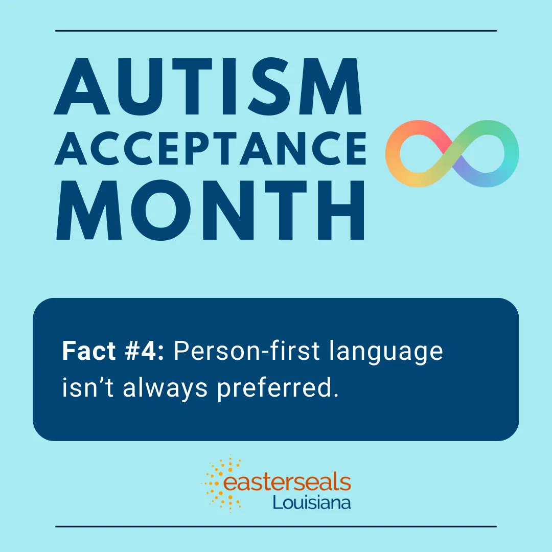 LAEasterSeals's tweet photo. Did you know that many people with Autism prefer identity-first language? This #AutismAcceptanceMonth, let's honor the preferences of self-advocates and celebrate disability pride. Check out this link to learn more: https://t.co/fEpZHJd2I6 #neurodiversity https://t.co/3KgRt17MCf