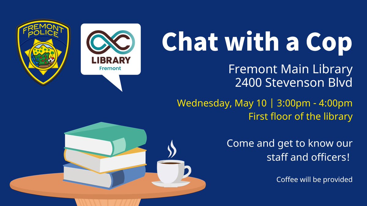 FremontPD's tweet photo. Thank you to everyone who stopped by our Coffee with a Cop event at Mission Coffee today! We appreciate all the feedback and great conversations we had.

If you couldn't make today's event, stop by the Fremont Main Library on Wednesday, May 10th at 3pm for Chat with a Cop! https://t.co/DMXXzTyVhI