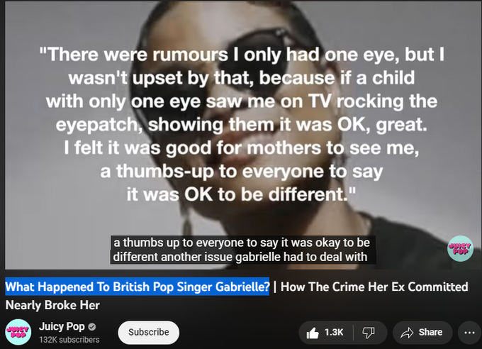 28,876 views  23 Jun 2022  #Britpop #Gabrielle
Dreams can come true! At least that’s what British singer/songwriter Gabrielle believed and sang about. She developed a passion for music at a young age but was terribly shy about performing in front of large crowds. Eventually, she overcame her fear and went on to make a name for herself. It wasn’t without its challenges though. From people constantly questioning her about her right eye that she always kept covered, to comments about her weight to a battle with a psychological disorder that nearly ended her career.

#Gabrielle #Britpop