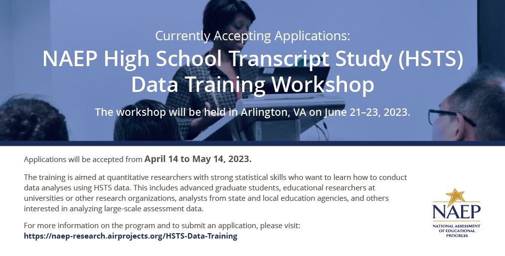 AIRInforms's tweet photo. .@NAEP_NCES is currently accepting applications for a High School Transcripts Study Data Training Workshop happening this summer.
If you're an #EdResearcher who wants to conduct data analyses using datasets from the #HSTS, apply before May 14.
https://t.co/19dmPNnjkY https://t.co/PMgsjRoh9o
