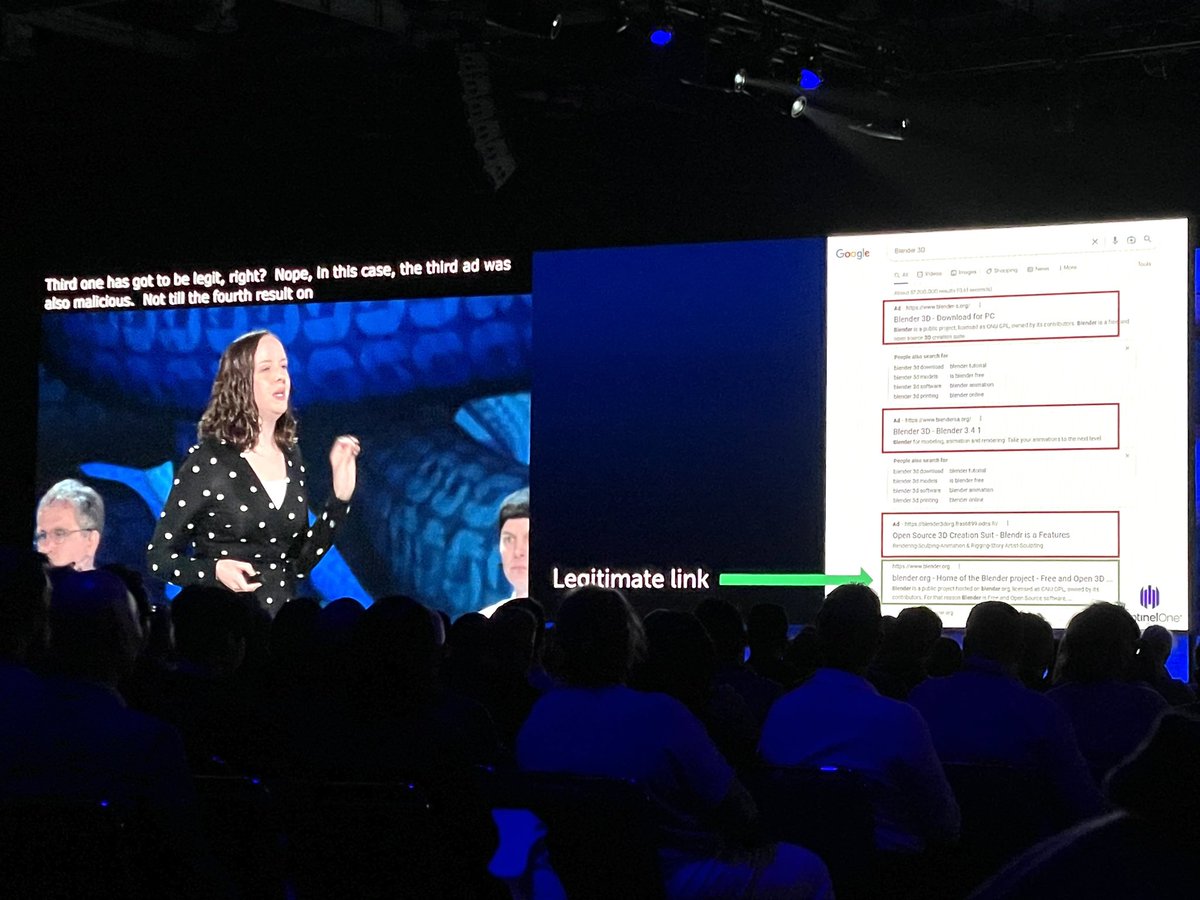 Malwarebytes's tweet image. Attackers are using SEO techniques to boost their malvertising, says Katie Nickels (@likethecoins) at #RSA2023, showing that a normal search for Blender 3D did not produce a legitimate link until the fourth result!