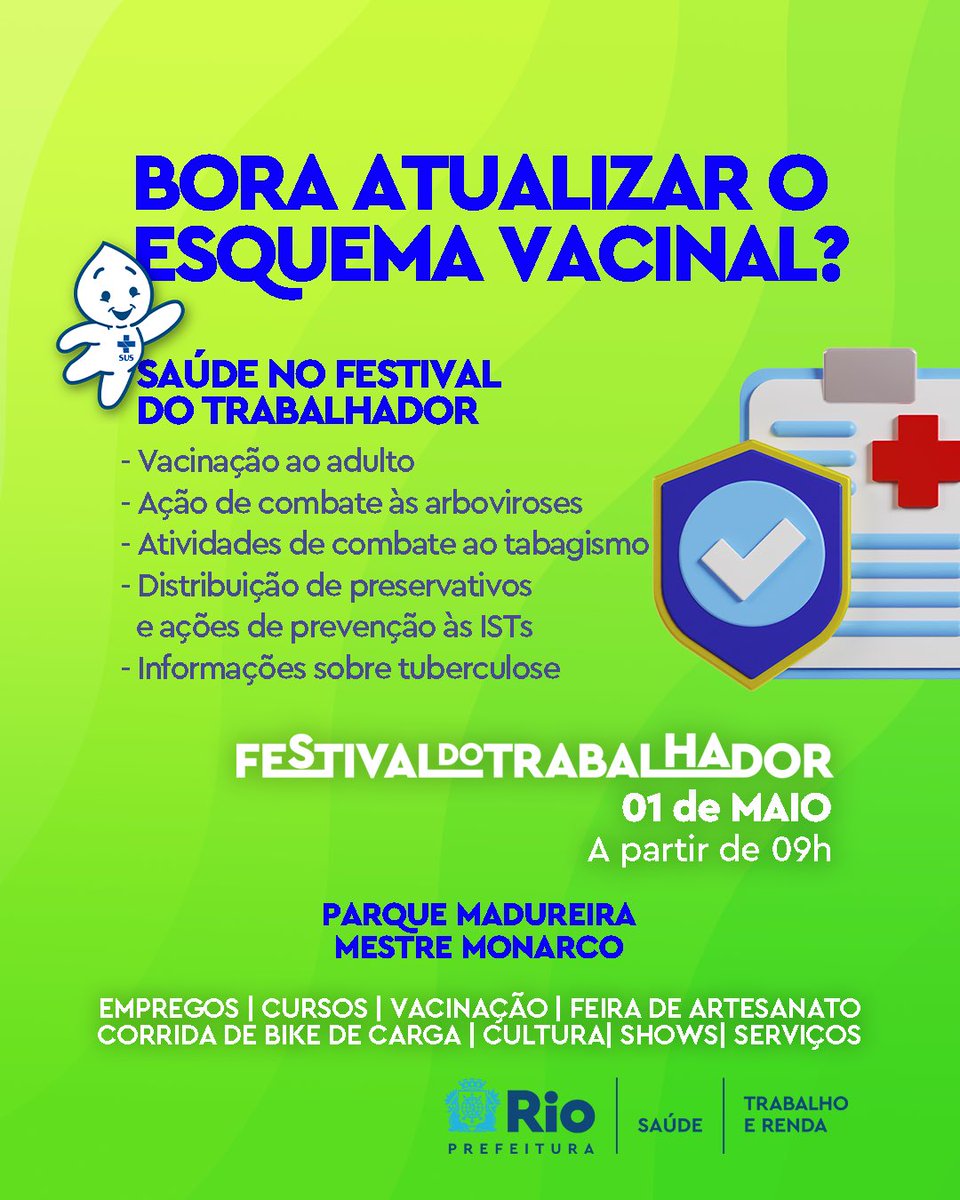 evertongomesrj's tweet photo. Amigos cariocas, vocês já estão sabendo do Festival do Trabalhador, né? Além de oportunidades de emprego, cursos de qualificação, shows e vários serviços da @Prefeitura_Rio e parceiros, você pode também colocar a vacinação em dia!

Vai perder essa? 💉💉💉 https://t.co/h3e6mNZd30