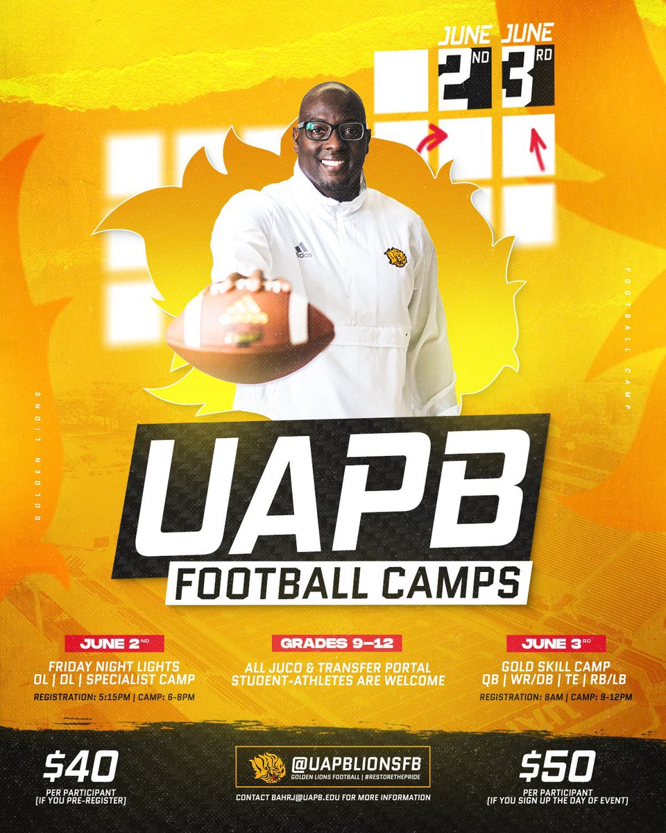 🚨 2023 UAPB Football Camps 🚨

🗓 June 2nd - OL / DL / Specialists 

🗓 June 3rd - QB / WR / TE / RB + LB / DB

Come EARN a spot - Link is live for registration: shop.uapb.edu/index.php?disp…

#RestoreThePride