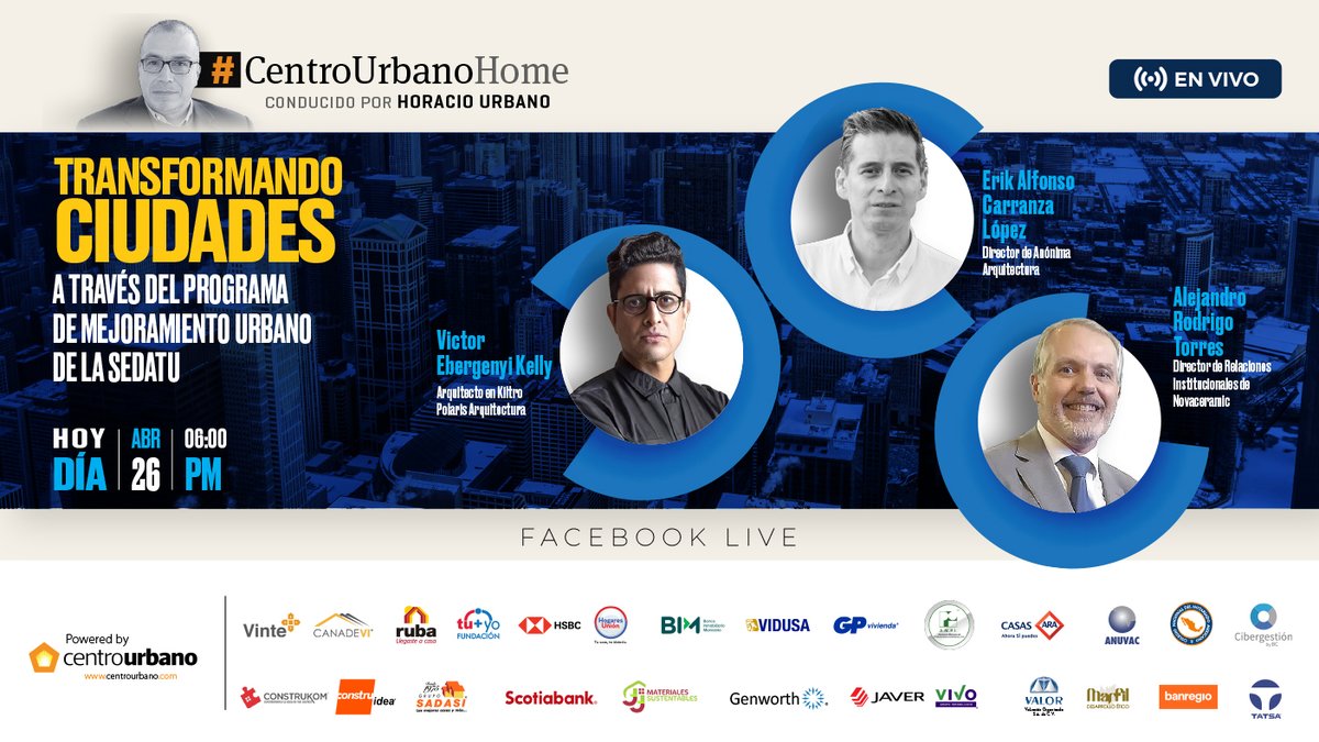 CentroUrbano's tweet photo. Únete hoy a las ⏰6:00 p.m. en #CentroUrbanoHome para hablar sobre la transformación de ciudades a través del PMU de la @SEDATU_mx con los arquitectos #VictorEbergenyi de #KiltroPolaris, Erik Carranza de @SA_Anonima y @Alex_Rodrigo_T de @novaceramic 

Por👉https://t.co/qcLtdGfwaM https://t.co/eCLPEVXYTV