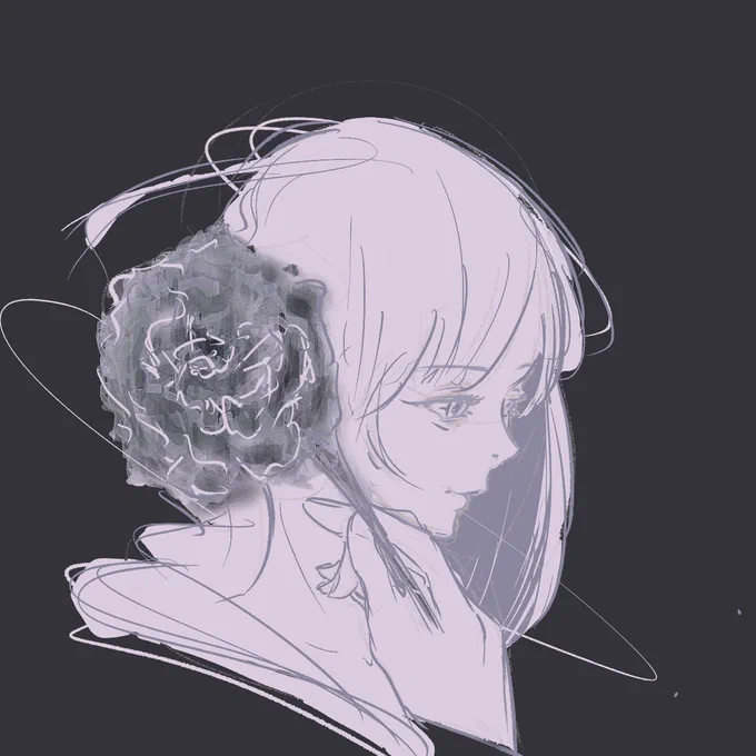 #れいじるの毎日チャレンジ 365+115日目 50分?あらー昨日描いた分またあげ忘れてた!1枚目10分、2枚目20分、3枚目35分、4枚目50分?モノクロと部屋にある花をテーマにお絵描きメイトと描いてました〜まったくクリスタ馴染めてなくて進みが遅いことに気づきました笑 