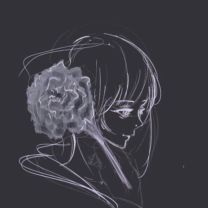 #れいじるの毎日チャレンジ 365+115日目 50分?あらー昨日描いた分またあげ忘れてた!1枚目10分、2枚目20分、3枚目35分、4枚目50分?モノクロと部屋にある花をテーマにお絵描きメイトと描いてました〜まったくクリスタ馴染めてなくて進みが遅いことに気づきました笑 