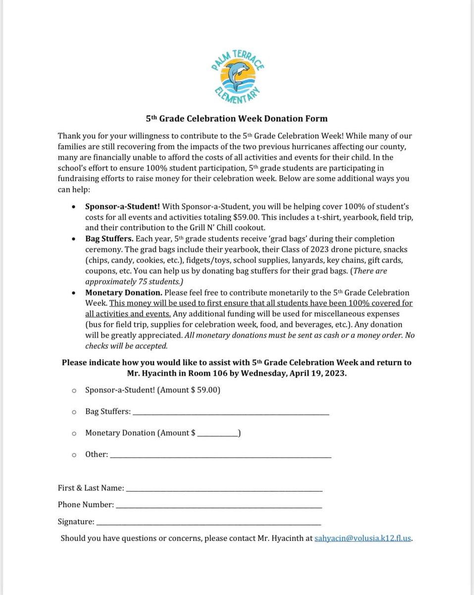 If you would like to contribute to our fifth grade students’ ‘Grad Bags’, please do so as soon as possible. Check out our Amazon wish list. 😁 <a href="/PalmTerrace_VCS/">Palm Terrace Elementary</a> 

Wish List: amazon.com/hz/wishlist/ls…

P.S. The students do not know about these!