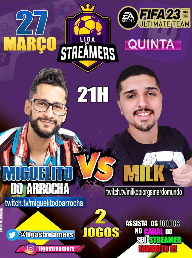 O <a href="/MilkGuilherme/">Milk❁ ⚡</a> vai pra cima do <a href="/MiguelitoDoArro/">Miguelito do arrocha</a> amanhã às 21h. 
Assista no canal do seu streamer favorito