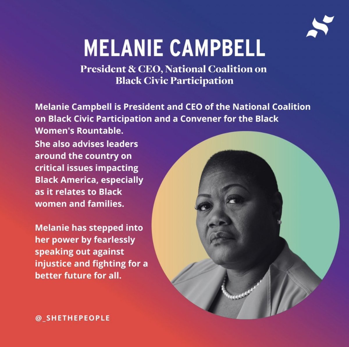 Thank you @_shethepeople for recognizing President & CEO of NCBCP, and the Convener of BWR, Melanie Campbell! #ncbcp #bwr #shethepeople #womenempowerment