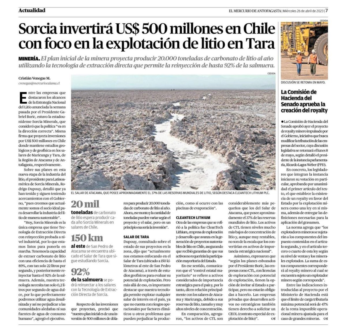 La valoración y protección de los Salares parte por conocerlos 🦙🦩🌱 

Foto que saqué en Salar de Tara (Reserva Nacional Los Flamencos/Toconao) vs imagen que <a href="/mercurioafta/">El Mercurio de Antofagasta</a> usó hoy para nota sobre proyecto de litio. 

#Salares = #humedales = sustento comunitario = #biodiversidad