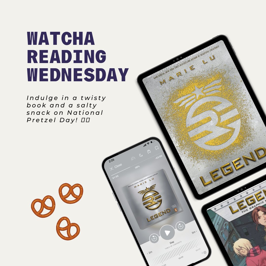 Sorareadingapp's tweet image. Happy #NationalPretzelDay 🥨📚 Today's #WatchaReadingWednesday, and we're diving into "Legend" by Marie Lu. With its many twists and turns, it's the perfect book to pair with a salty snack. What book are you reading today? 
#PretzelDay #BooksWithBites #MarieLu #SnackandRead