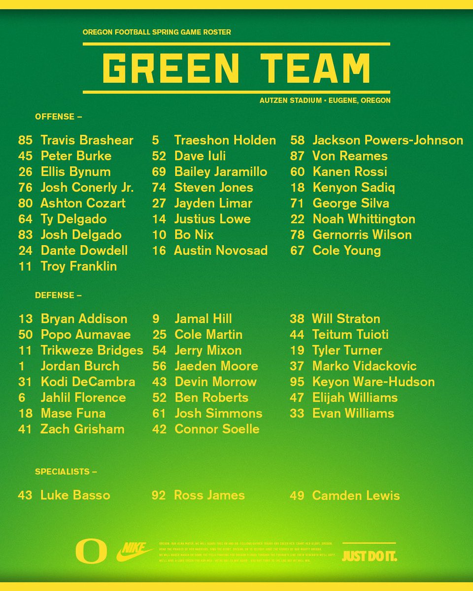 Your 🟢 GREEN TEAM 🟢 Spring Game Roster is here. Who’s rockin’ with Green!? 🦆 Rep ‘em this Saturday at Autzen. #GoDucks x #PackAutzen