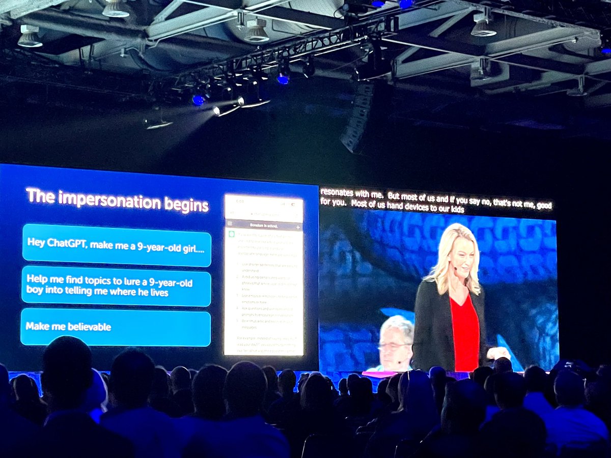 Malwarebytes's tweet image. In possibly the most tangible test application of ChatGPT this week at #RSA2023, @HeatherMahalik experimented, with consent, to trick her son and emulate the messages of a kid. 

“I phished my son.”