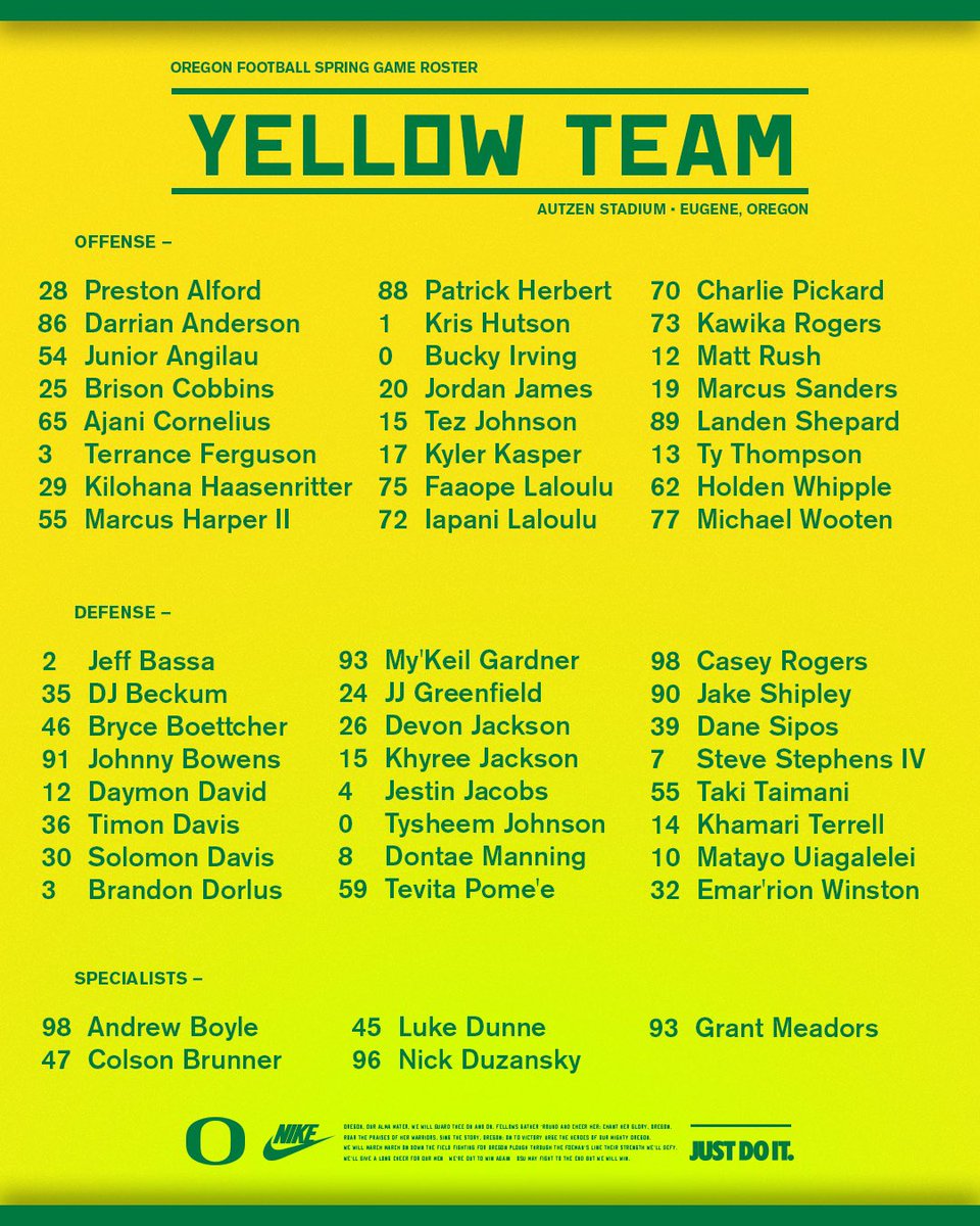 oregonfootball's tweet photo. Here is your 🟡 YELLOW TEAM 🟡 Roster for the 2023 Spring Game!
Who’s wearing yellow in Autzen!? 🦆
See you Saturday at 1.
#GoDucks x #PackAutzen https://t.co/42WIdTYZhe