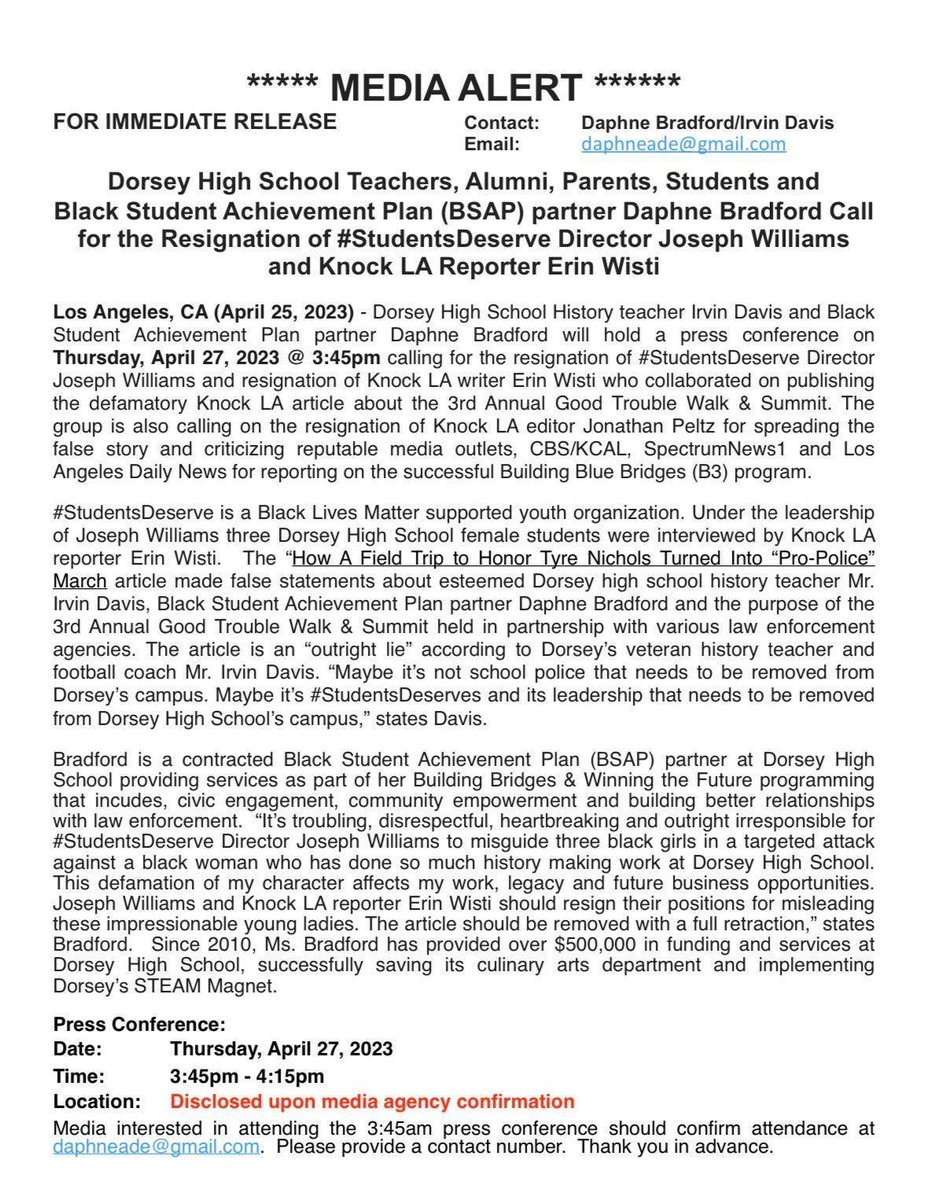 KnockDotLA's tweet photo. LAUSD contractor Daphne Bradford issued a press release calling for the resignations of Knock LA reporters @JonnyPeltz, @ErinWisti, and the head of Students Deserve. We stand by our reporting, and also condemn the effort to silence both students and journalists (1/5): https://t.co/OMqCm48rr8