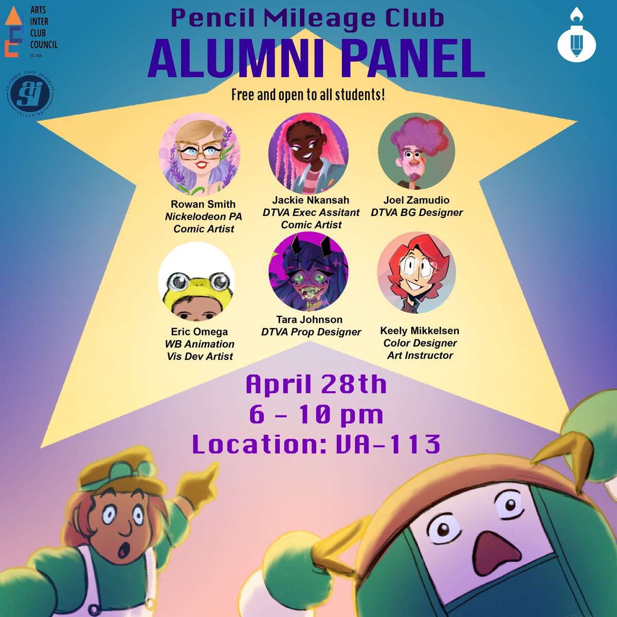 pmcbomb's tweet photo. The Pencil Mileage Club is happy to welcome back Rowan Smith, Jacqueline Nkansah, Joel Zamudio, Eric Omega, Tara Johnson, and Keely Mikkelsen to campus for our Alumni Panel! https://t.co/di1xm67uXp