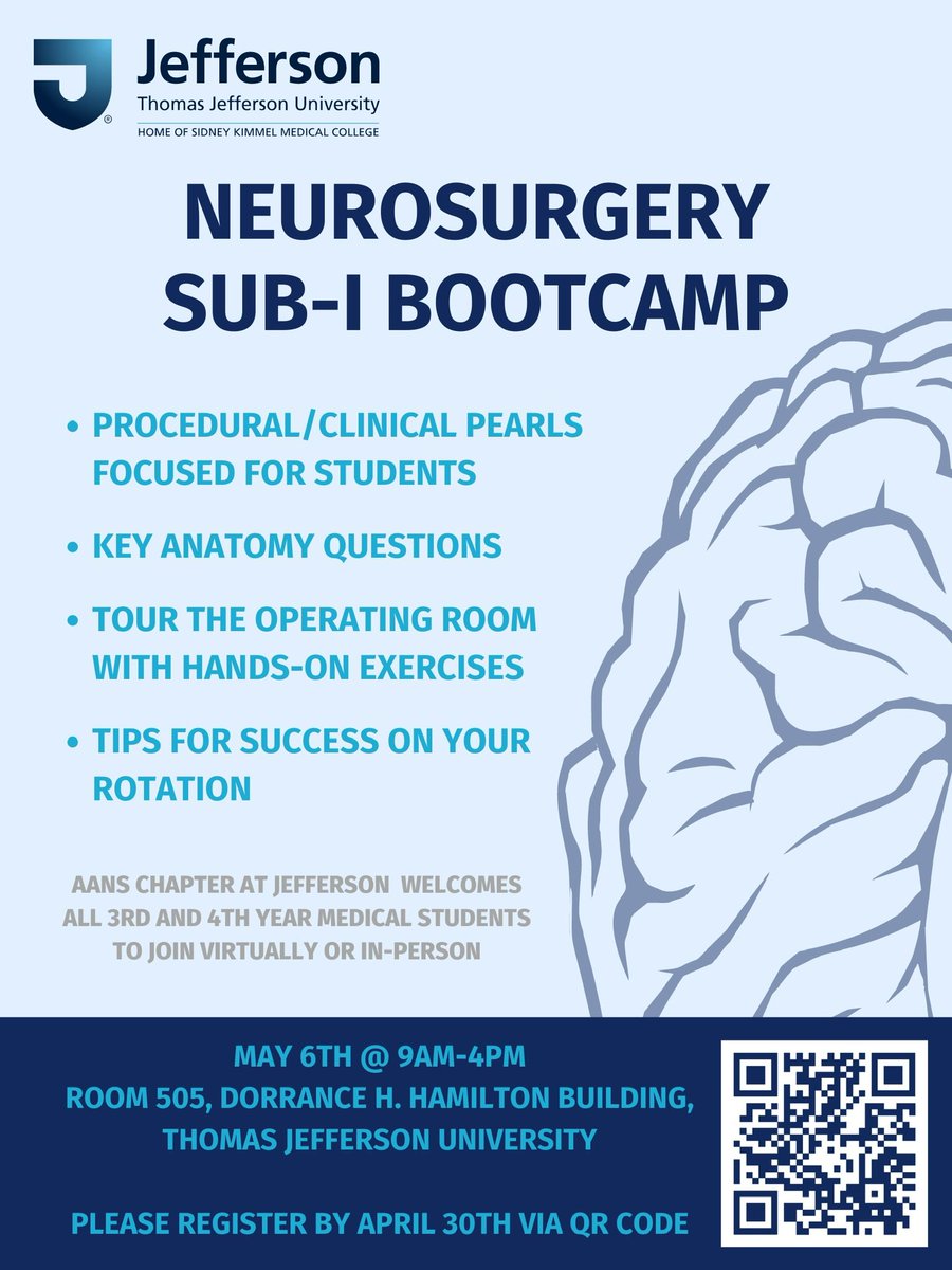 We are thrilled to welcome all students to join us virtually or in-person for our #inaugural #Neurosurgery sub-i bootcamp on May 6th. 

Great pearls and wisdom from senior/chief neurosurgery residents! Sign-up with the link below! ☠️🧠🙌🏻🧠🙌🏻☠️

forms.gle/fuEwMSY7jbJbi6…
