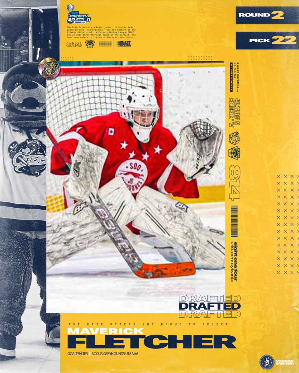 ErieOtters's tweet photo. With the 22nd pick in the 2023 @ohlhockey
U18 Priority Selection Draft, the Erie Otters select @AAAJrGreyhounds goaltender Maverick Fletcher! Welcome to Erie!

#OHLU18Draft https://t.co/VNKWbdap2f