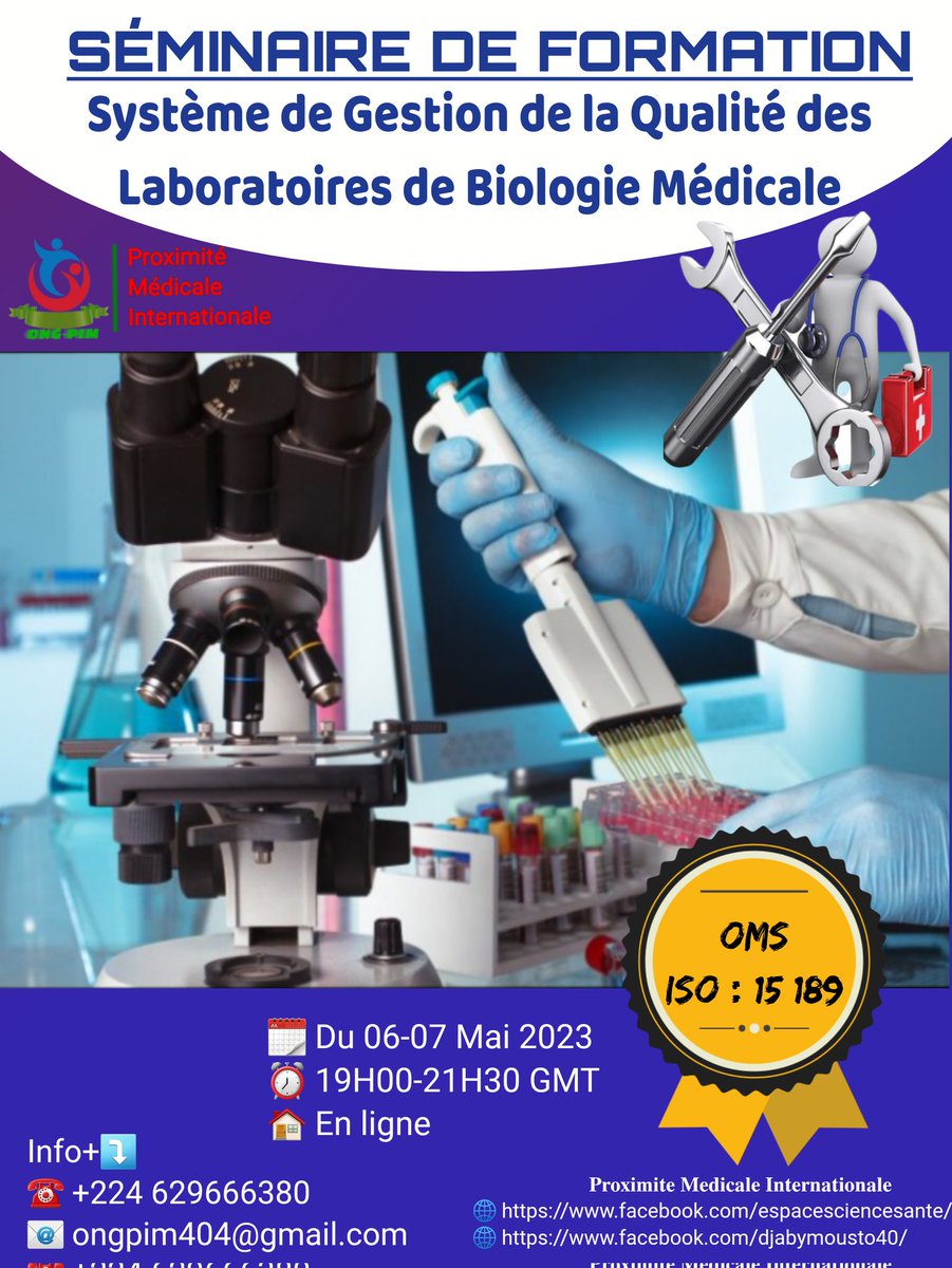 ✅ Formation 100% à distance
"Séminaire de Formation sur le SMQ".
📍  Durée :  2 jours de formation
📅  Date: 06 au 07 Mai 2023
⏰ Horaire:  De 19H à 21H30
🎖Attestation : 4H
🎓 Inscription: forms.gle/9mXg8y8A7Vt7DE… ou Via le lien WhatsApp wa.me/c/224660836739