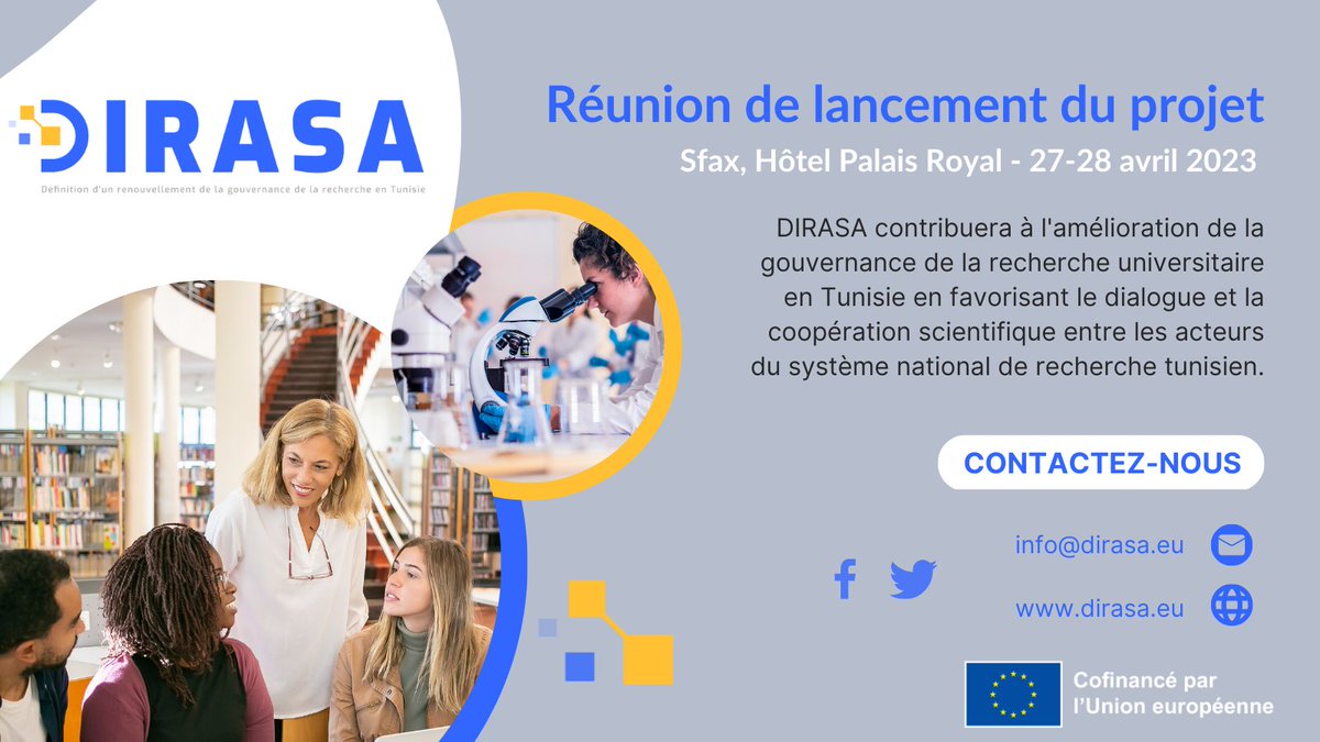 Le projet DIRASA financé par <a href="/EUErasmusPlus/">Erasmus+</a> 
 et coordonné par <a href="/Univ_Sfax/">Université de Sfax</a> a officiellement commencé ! Il vise à améliorer la gouvernance de la #recherche universitaire en #Tunisie  en favorisant #dialogue et #coopérationscientifique.