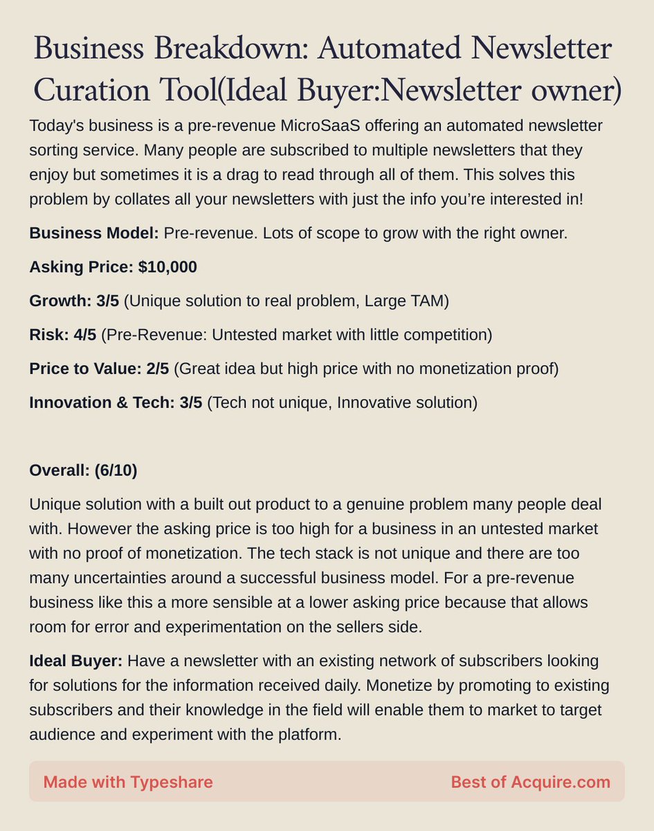 devlikesbizness's tweet photo. Business Breakdown (18/30): Automated Newsletter Curation Tool
(Ideal Buyer: Newsletter owners)
Curious about a potential business opportunity as a newsletter writer?
Keep reading!
This business is sourced from @acquiredotcom @agazdecki and available for $10k! https://t.co/gQrsWezxvr