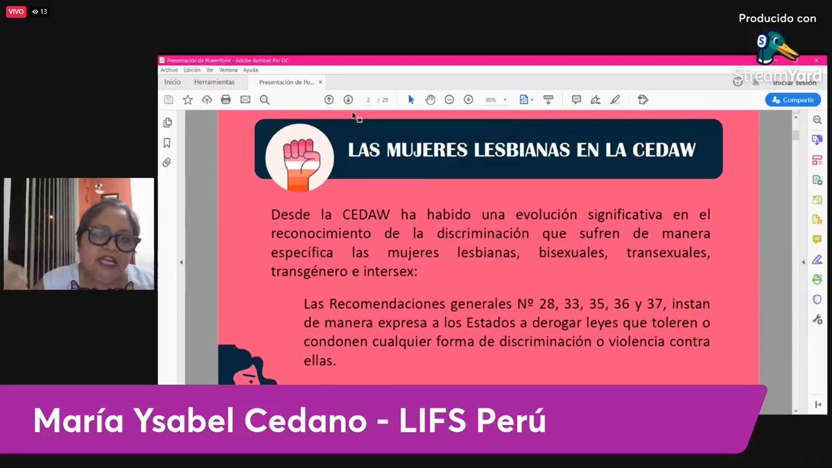 "Hay un mandato en general de la CEDAW, que instan a los Estados a que deroguen leyes y condenen cualquier forma de discriminación, pero no es suficiente para las lesbianas", señala @cedano_ysabel en la presentación de la Copetición de una RG sobre los Derechos de las Lesbianas.