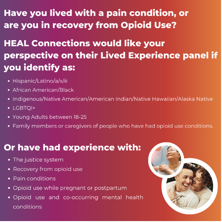 Do you have experience living with a pain condition or recovery from #opioid use? <a href="/OSLC_Research/">Oregon Social Learning Center (OSLC)</a> would like your insights on a Lived Experience Panel to help pain &amp; #addiction research findings lead to meaningful change in your community. Learn more here: bit.ly/3GxKQ06