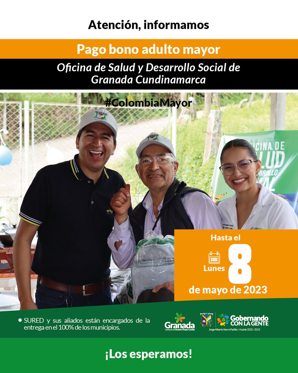 AlGranadaCund's tweet photo. Anunciamos a los beneficiarios del Programa Adulto Mayor 👵🏼📷, que ya pueden retirar los recursos correspondiente al ciclo 3 (marzo) del 2023.  Podrán acercarse al punto @SuRedColombia, hasta el 8 de mayo, para acceder al bono del gobierno nacional. 📷 https://t.co/HBD3rW88Uk