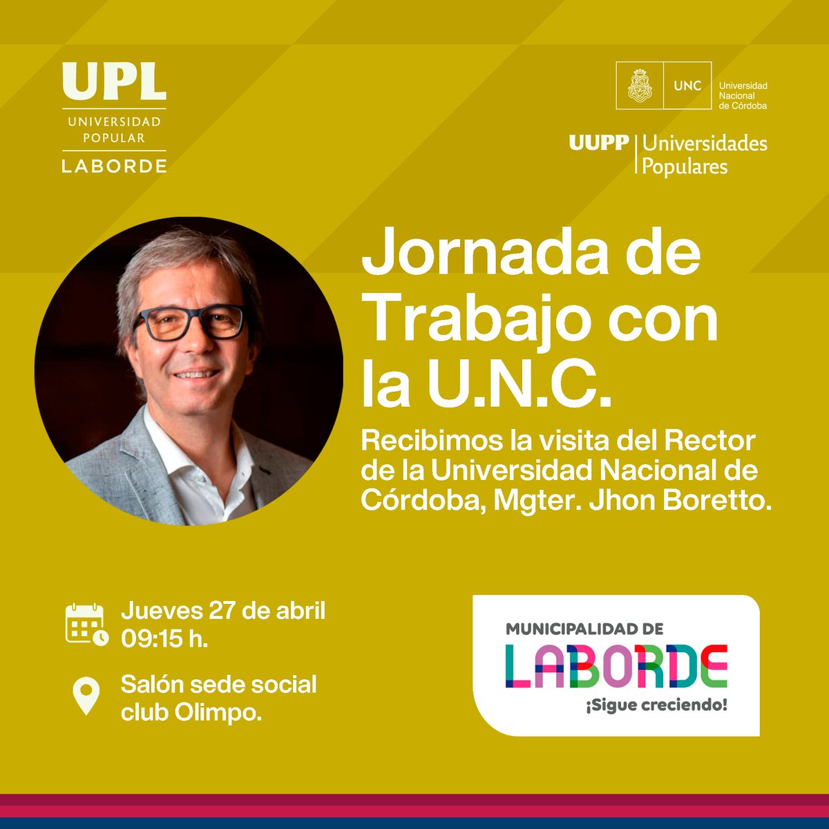 munilaborde's tweet photo. JORNADA DE TRABAJO CON LA U.N.C.

ℹ En el día de mañana se llevará a cabo la JORNADA DE TRABAJO CON LA U.N.C., actividad que contará con la histórica presencia del Rector de la Universidad Nacional de Córdoba, Mgter. Jhon Boretto. https://t.co/XLe0u1B1P3