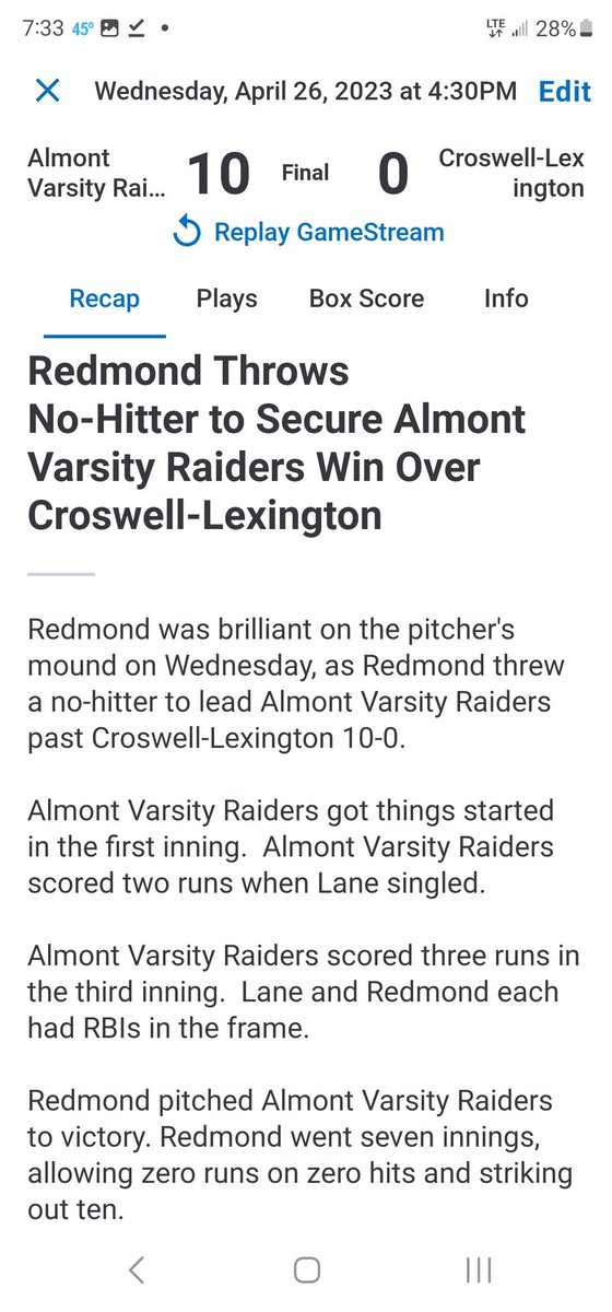 GreggRedmond's tweet photo. Congrats @MatthewRed29 on your complete game no-no! https://t.co/n6tIS3i05B