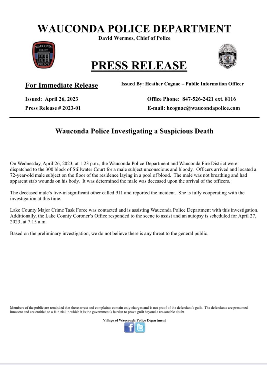 WaucondaPD's tweet photo. Please review the attached press release regarding an incident in Wauconda today. #WaucondaPD #WaucondaNews https://t.co/bD2YmQ2qMe