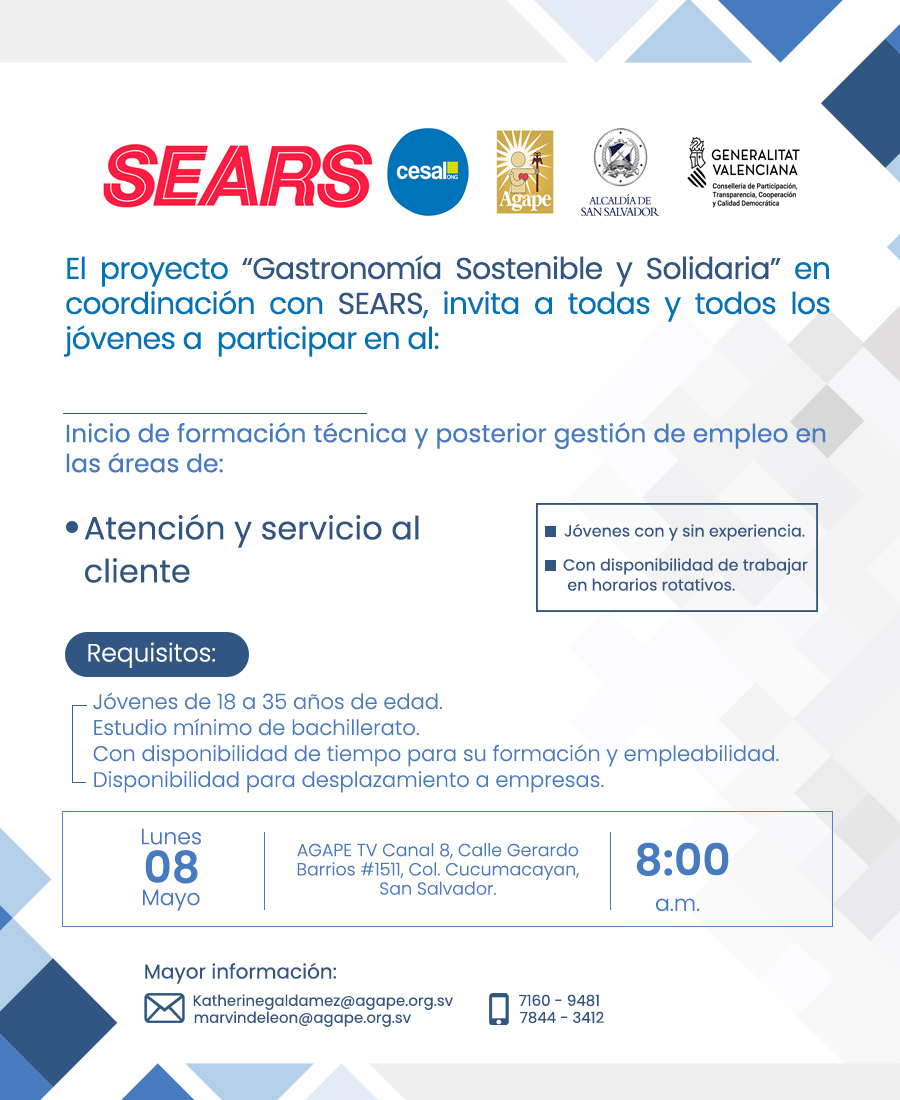 #Atención 🔊Jóvenes del área Metropolitana de San Salvador. 

#Convocatoria para jornada informativa.  
Día:  08 de mayo 2023 || Hora: 8:30 a.m. 
Lugar: Agape TV Canal 8 (Calle Gerardo Barrios 1511, San Salvador)   

Más información: #Whatsapp: 7160-9481⏬