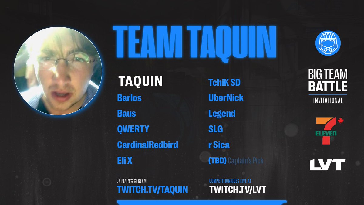 Team Taquin is comprised of goofs, dastardly slayers, and most notably: the French inquisition.

Witness the dynastical shift this Saturday during the <a href="/HaloHubGG/">HaloHub</a> BTB tourney!
Powered by <a href="/7ElevenCanada/">@7ElevenCanada</a> 🤝