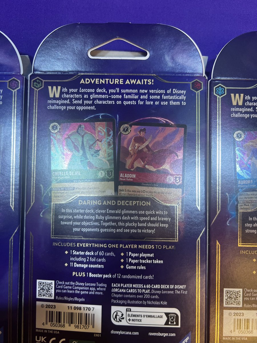 coflorcana's tweet photo. Have the backs of the #Lorcana starter packs been shared before? I didn’t think so, so here ya go, apologies about the lighting! https://t.co/pUB8YdN0KH