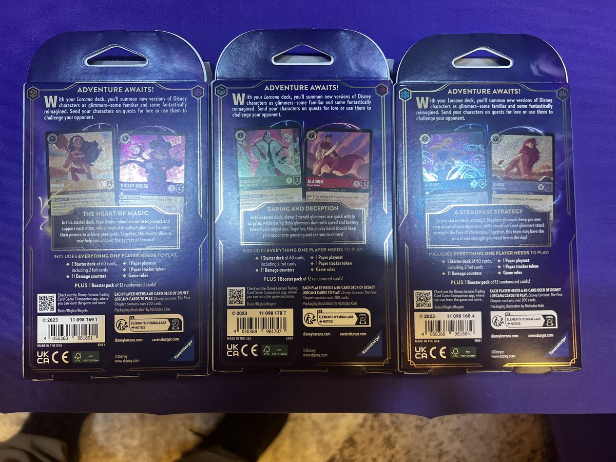 coflorcana's tweet photo. Have the backs of the #Lorcana starter packs been shared before? I didn’t think so, so here ya go, apologies about the lighting! https://t.co/pUB8YdN0KH