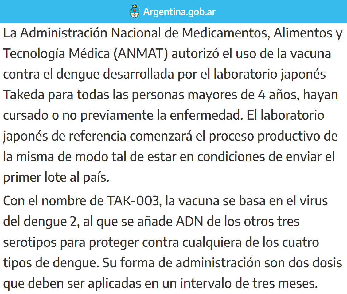 porquetendencia's tweet photo. "La ANMAT":
Porque autorizó el uso de la vacuna contra el dengue desarrollada por el laboratorio Takeda https://t.co/2ABVSmvBtV