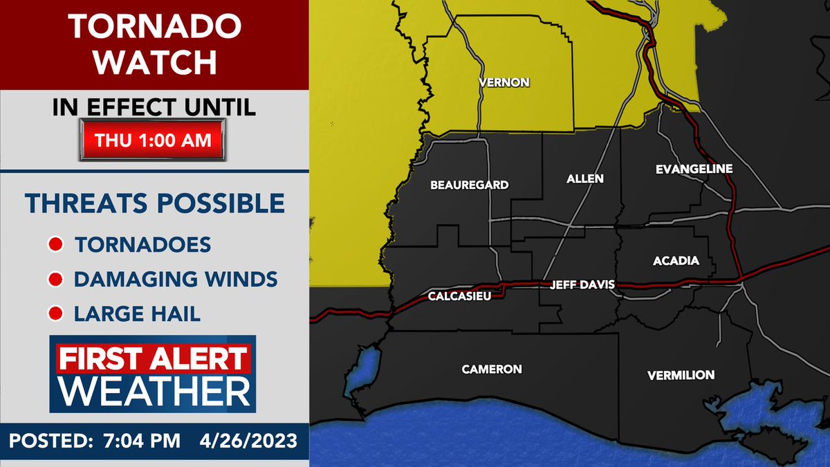 A Tornado Watch has been issued for the portions of SWLA until: Apr 27 1:00AM CDT.  Now is a good time to make sure you have our weather app downloaded: kplctv.com/apps