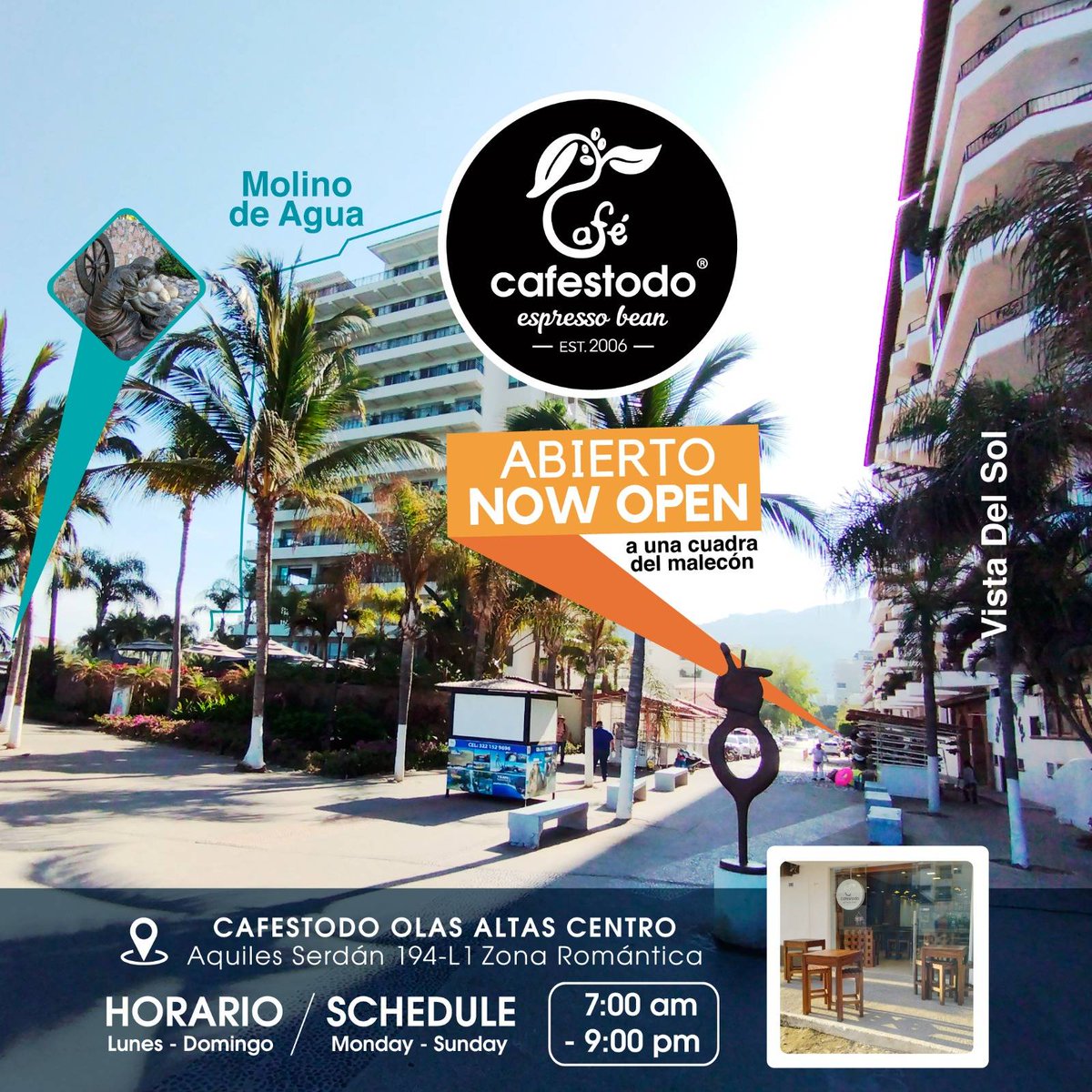 A una cuadra del Malecón, ¡Esperamos verte el día de Hoy! (Frente a Molino de Agua a un lado del OXXO)
Lunes a Domingo de 7:00 AM a 9:00 PM
Consiga un buen café! | <a href="/cafestodo/">cafestodo</a>
Ver Ubicación| goo.gl/maps/ra2cGF4rB…