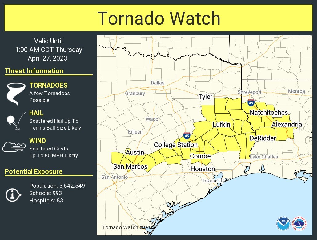 A new Tornado Watch has been issued and includes areas just north of San Antonio to north of Houston and into Louisiana.