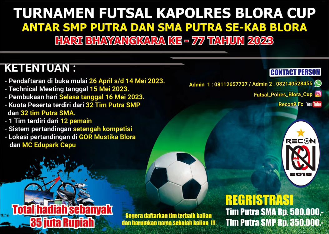 Ayo ayooo sing pacare apa adik e seneng futsal, silahkan diinpo 👇👇

Inpo lebih lanjut bisa hubungi nomor yang tertera di poster