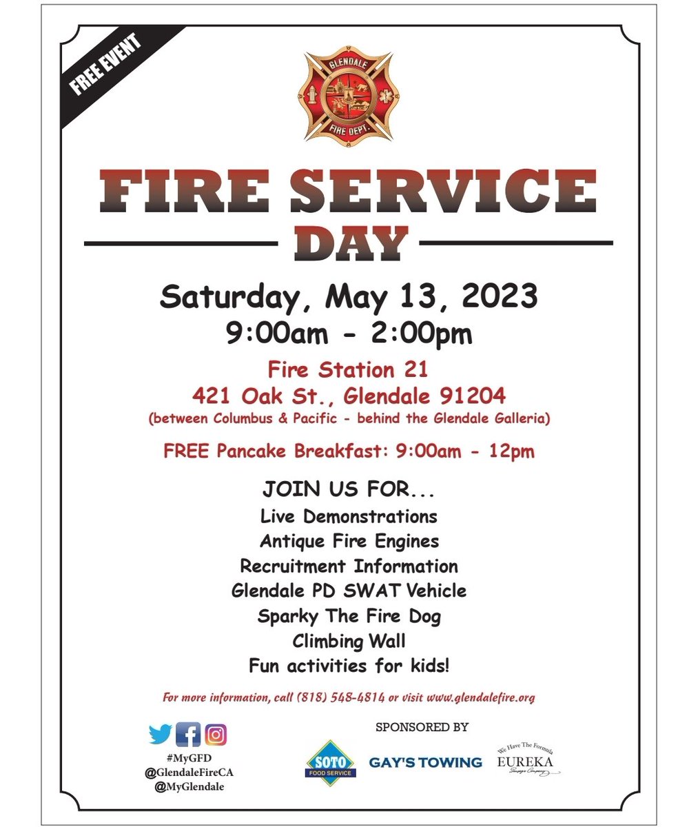 GlendaleFireCA's tweet image. Mark your calendars and join us at Fire Station 21 on Sunday, May 13 for Fire Service Day!! Fun day for the entire family filled with activities and free pancakes! Can’t wait to see you all! Thank you to our generous sponsors for making this day possible! #mygfd #MyGlendale