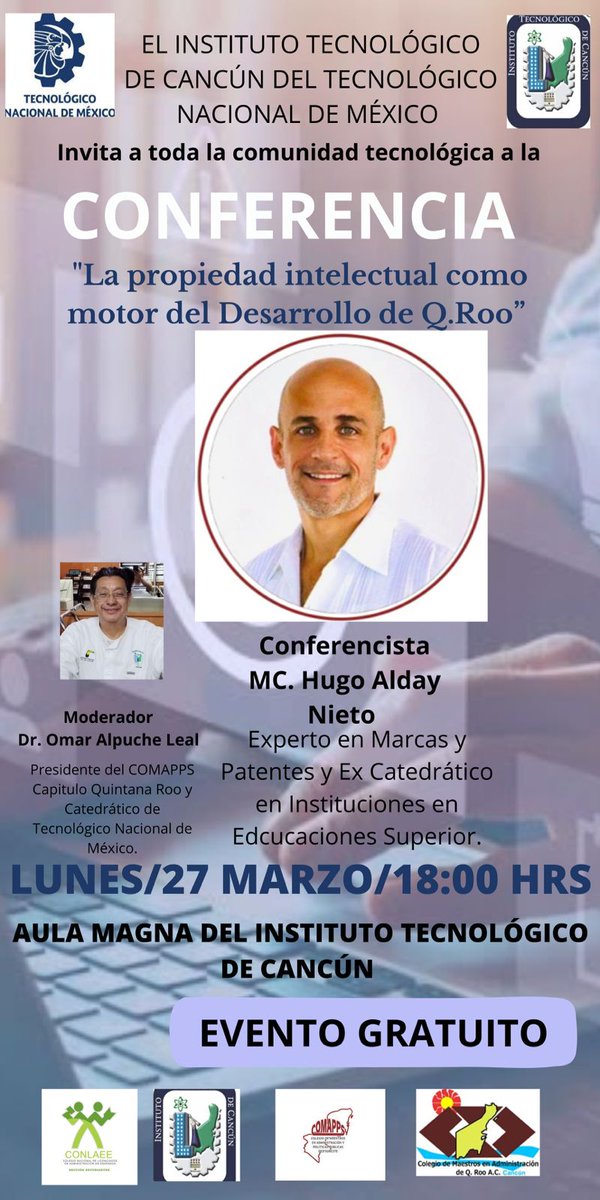 @TecNM_MX El @TecNM_Cancun realizó una conferencia sobre el tema para alumnos de Administración y Contaduría por el MC . @Hugo_Alday experto en #PropiedadIntelectual asesorando a docentes y universitarios en sus proyectos de investigación sobre #DenominaciónDeOrigen moderó  @omaralpuche