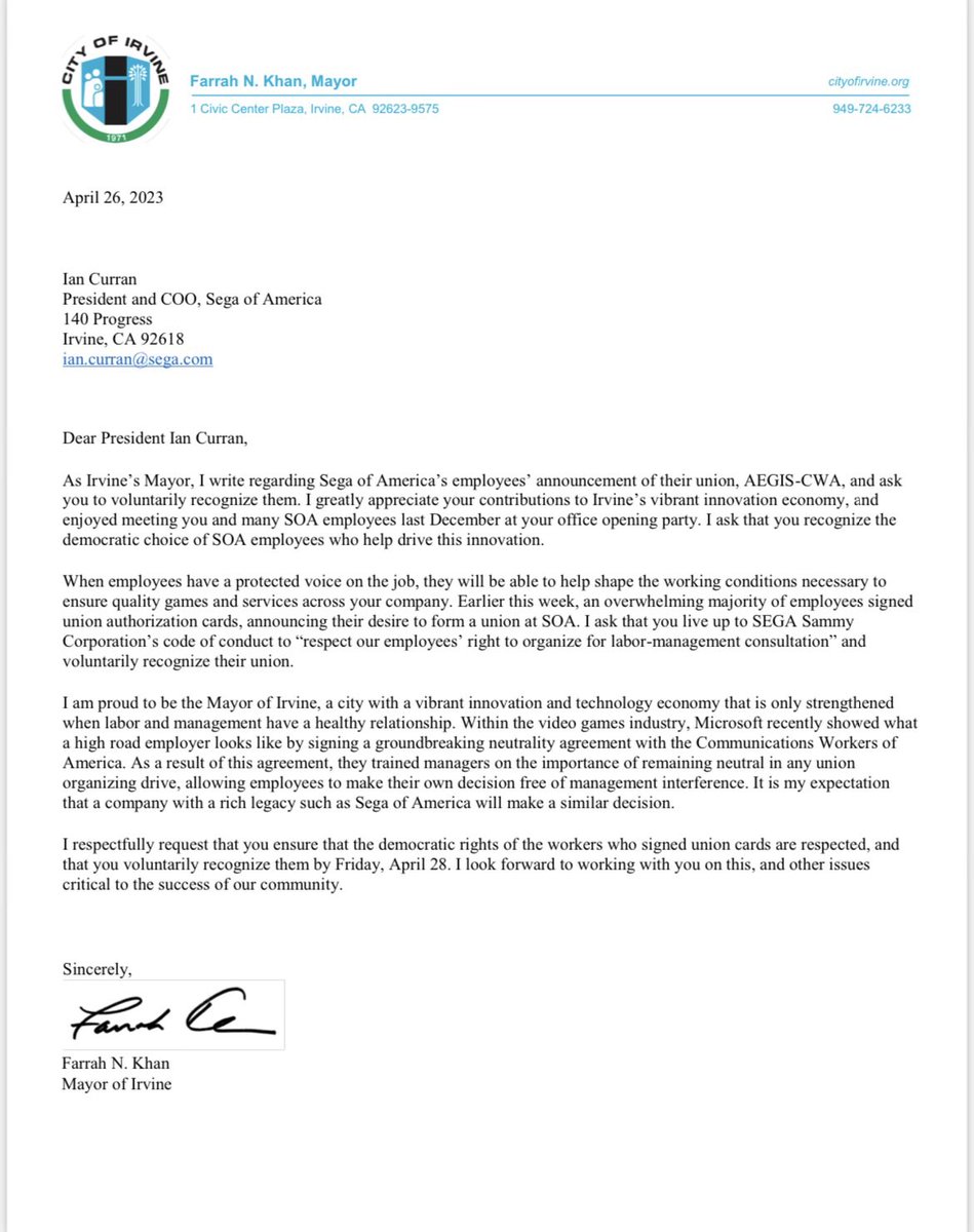 takesAEGIS's tweet photo. This afternoon the @MayorofIrvine, Farrah N. Khan, voiced her support of AEGIS-CWA to Sega of America leadership! 

We hope that management hears the voices of employees, fans, and Mayor Khan and voluntarily recognizes our union! #UnionizeSEGA https://t.co/vYAJo6SY7s