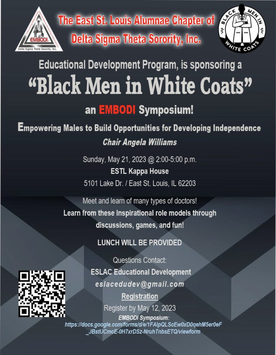 eslacdst's tweet photo. Join ESLAC for “Black Men in White Coats”…this symposium allows male youth to meet and learn of the different types of doctors. Register by 5/12. Visit https://t.co/Bcj6JDbOLM to register. #ESLAC #DST1913 #EMBODI #blackmeninwhitecoats https://t.co/nMSoyF6SWF