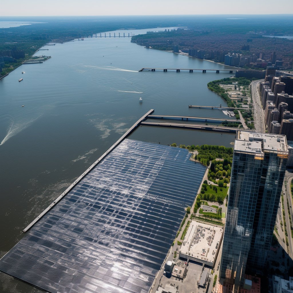Bellspringsteen's tweet photo. https://t.co/k2J6YYHAZn what if the Hudson River, NYC was half filled with floating solar panels. #midjourneyv5 https://t.co/gOffIXwiiw