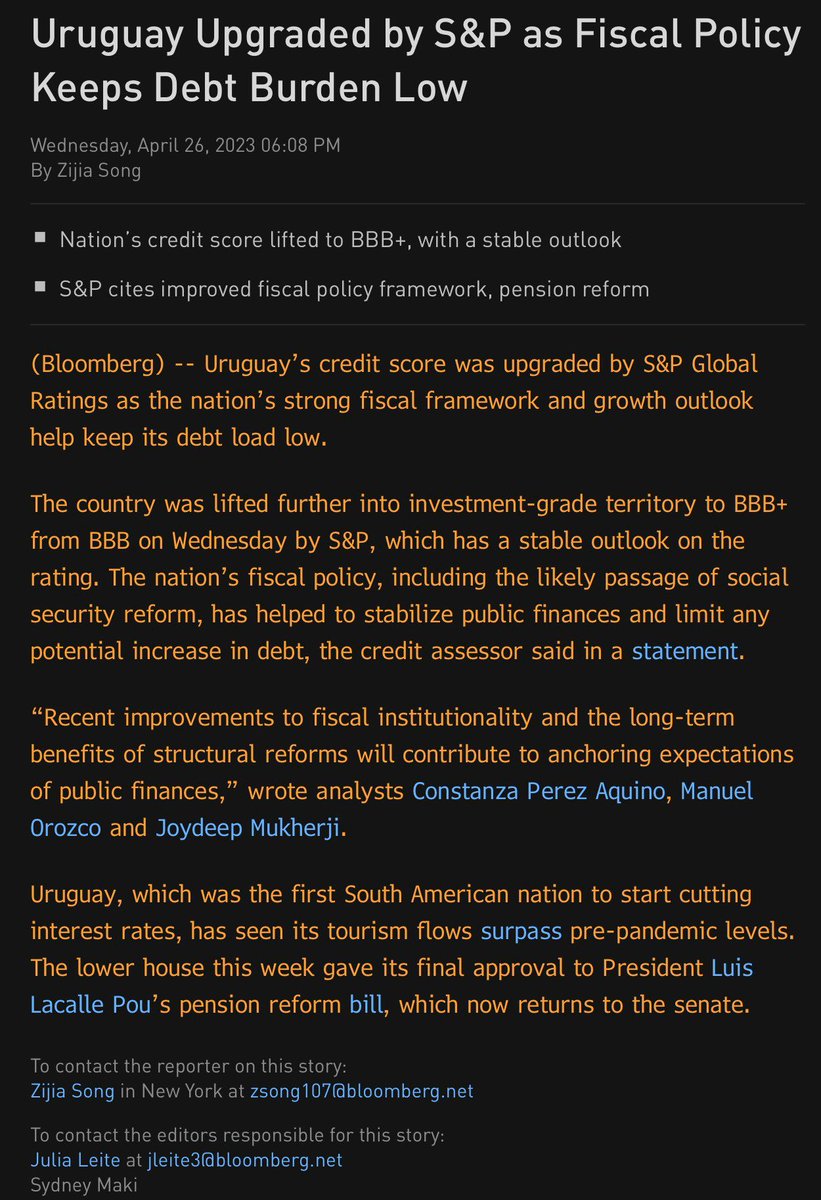 UrraburuBolsa's tweet photo. #S&amp;P sube la calificación crediticia de la deuda uruguaya ganando terreno dentro del investment grade, de BBB a BBB+ con perspectiva estable. La decisión tiene sus fundamentos en su buena  situación fiscal y en las reformas estructurales que el gobierno está llevando adelante. https://t.co/NRMhJ01geK